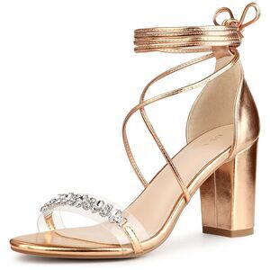 Crystal Rhinestones Strap Lace Up Chunky Heel Sandals Champagne